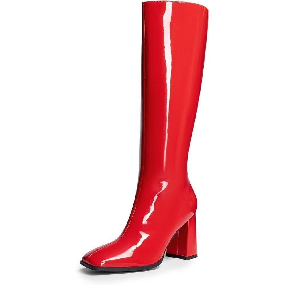 Women's Red DREAM PAIRS Knee-High Boots Square Toe Gogo Chunky Heel Side Zip